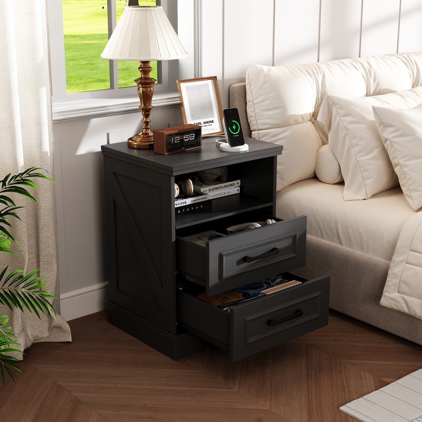 NEGYLIM 2-Piece Nightstand, Farmhouse End Table with Charging Station, 2 Drawers Storage for Bedroom