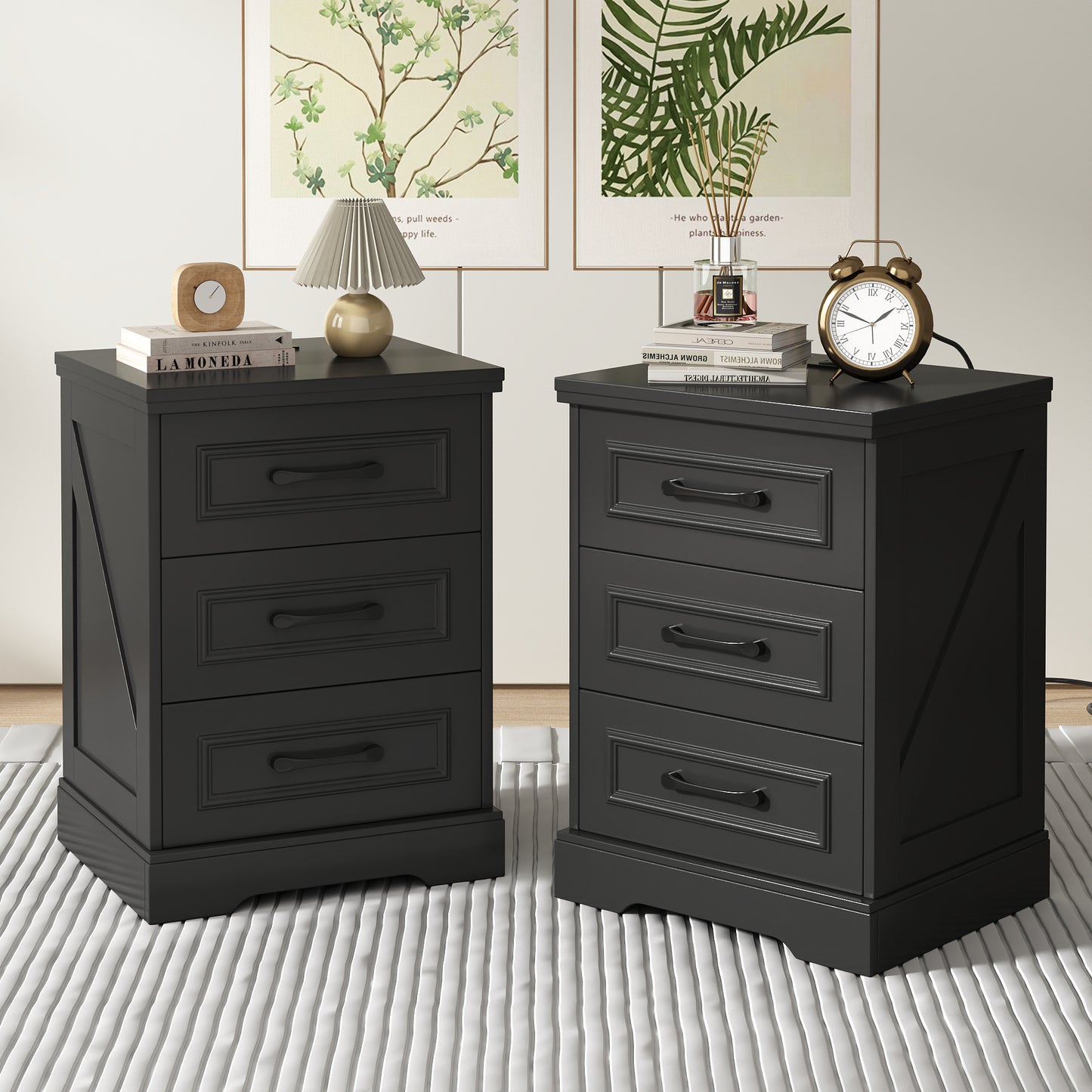 NEGYLIM Nightstand, Farmhouse End Table with Charging Station, 3 Drawers Storage for Bedroom
