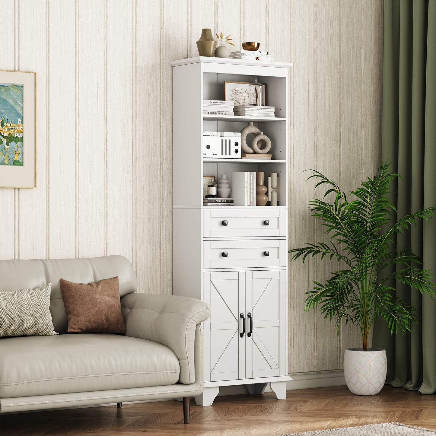 NEGYLIM 72" Tall Bathroom Storage Cabinet, Freestanding Cabinet with Adjustable Shelves, Large Bathroom Pantry Cabinet with 2 Drawers for Living Room, Kitchen, Dining Room, Office, White