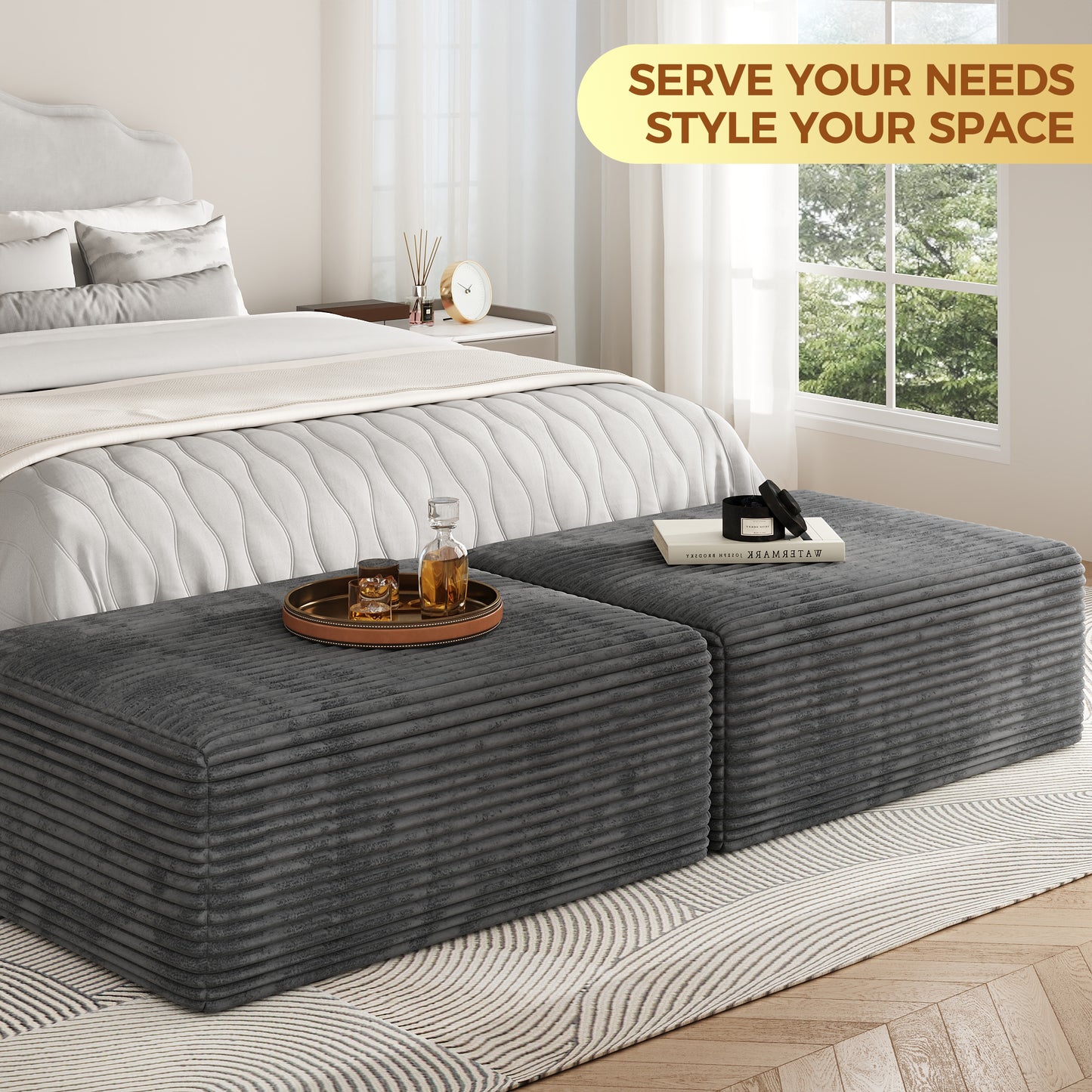 Large Oversized Ottoman Bench for Living Room, Extra Seating & Coffee Table for Sofa, Plush Corduroy Pouf Footrest, No Assembly Needed, Rectangle Floor Ottoman, (Charcoal)