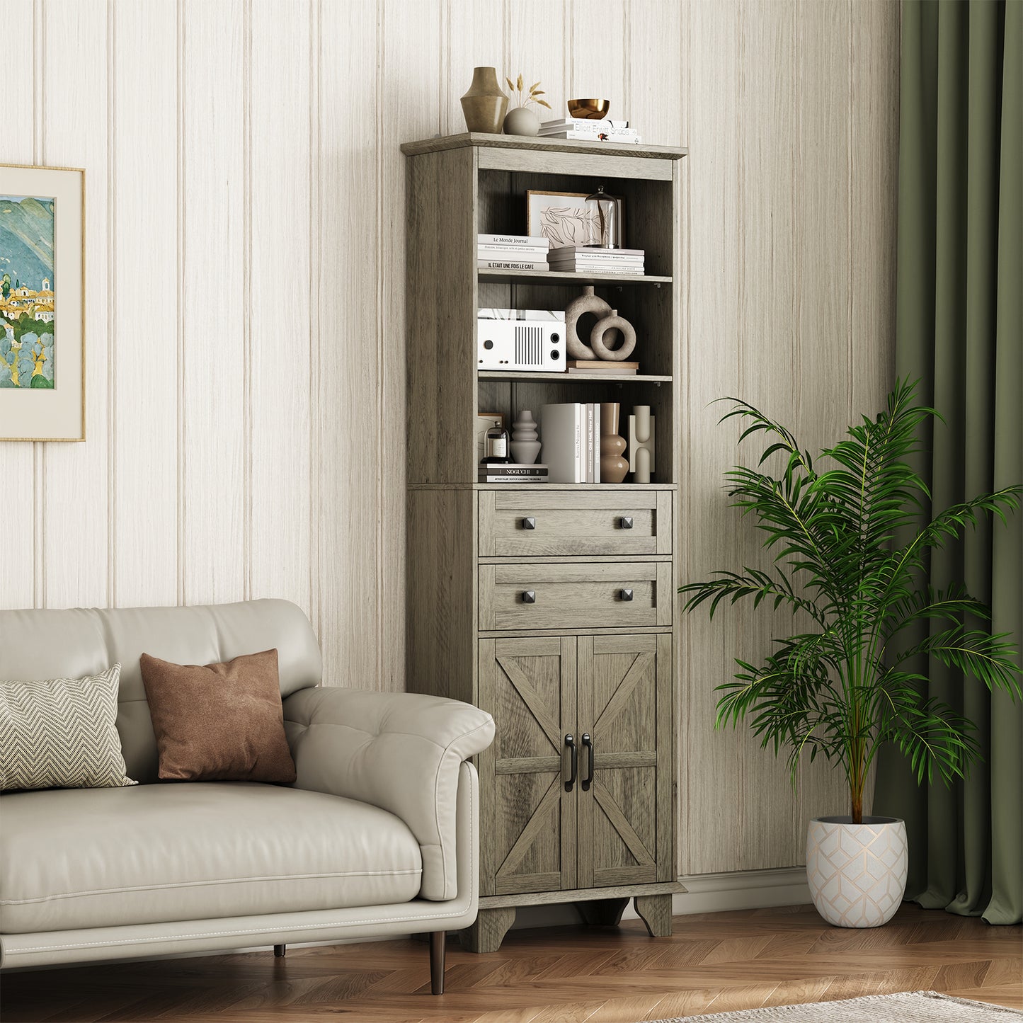 NEGYLIM 72" Tall Bathroom Storage Cabinet, Freestanding Cabinet with Adjustable Shelves, Large Bathroom Pantry Cabinet with 2 Drawers for Living Room, Kitchen, Dining Room, Office, Grey