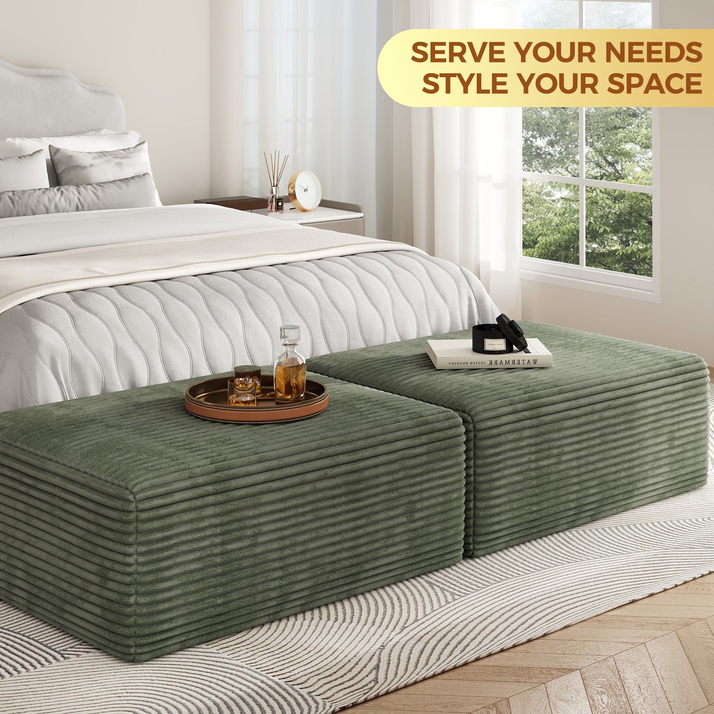 Large Oversized Ottoman Bench for Living Room, Extra Seating & Coffee Table for Sofa, Plush Corduroy Pouf Footrest, No Assembly Needed, Rectangle Floor Ottoman, (Sage Green)