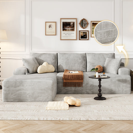 104" Modular L-Shaped Sectional Sofa, No Assembly Required Boneless Sofa with Chaise, High Resilience Foam & Corduroy Fabric, for Living Room Bedroom,(Oyster White)