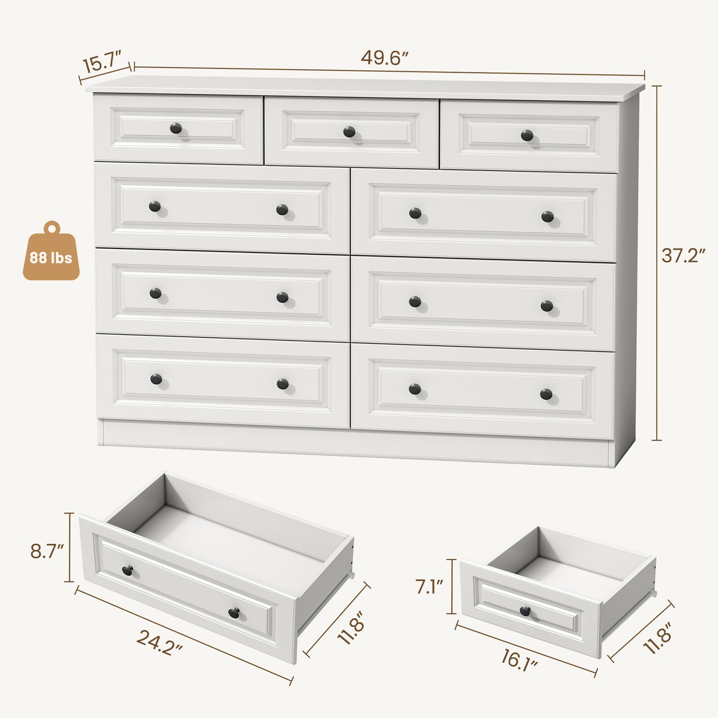 White 9-Drawer Dresser, 50.39" Wide 37.40" Tall Dresser with Anti-Tip Hardware, Retro Handles, Easy Assembly, Chest of Drawers for Bedroom, Wood Storage Cabinet for Living Room