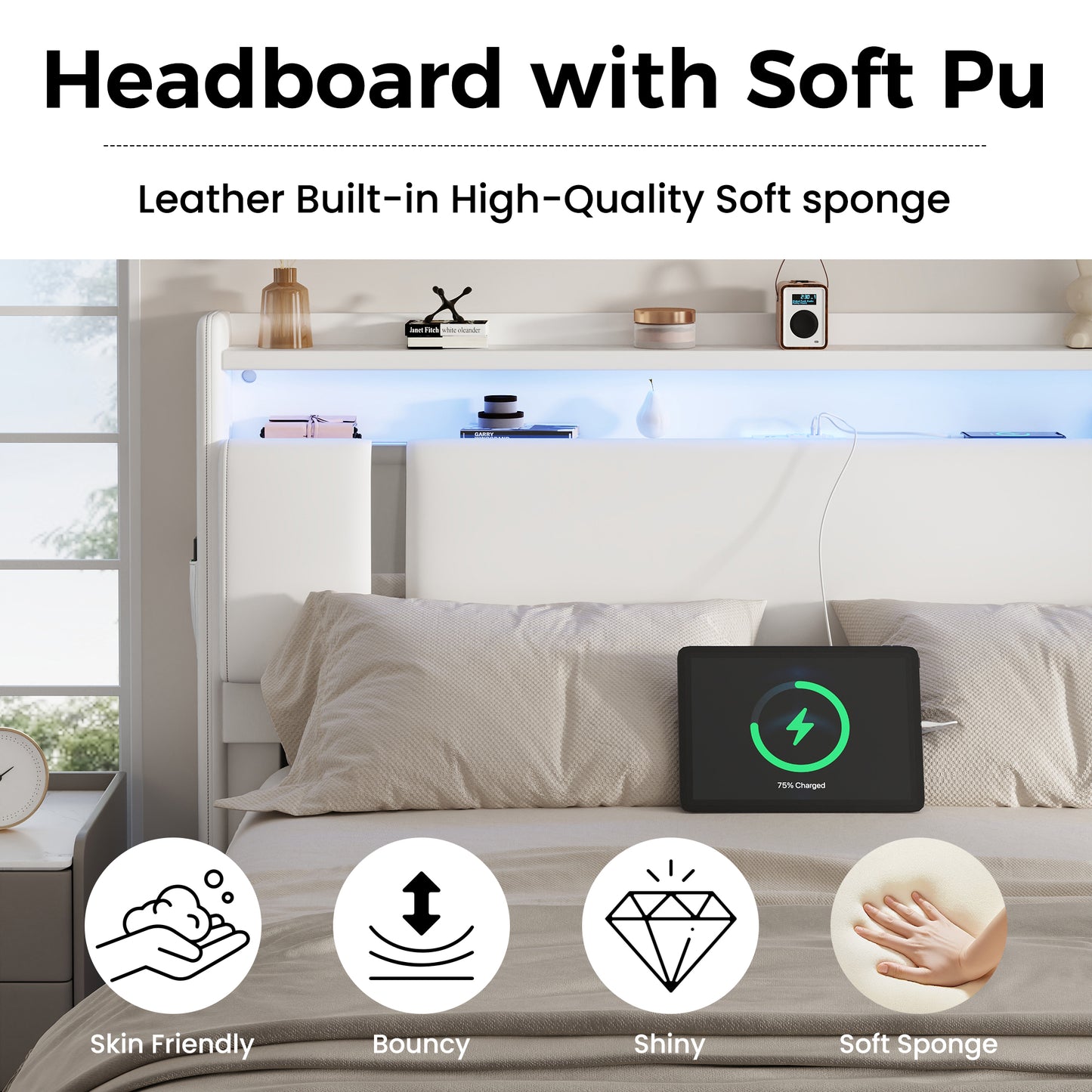 NEGYLIM Floating Bed Frame Queen Size with LED Lights, Easy to Assemble, Metal Platform Bed with Storage Headboard, No Box Spring Needed, White