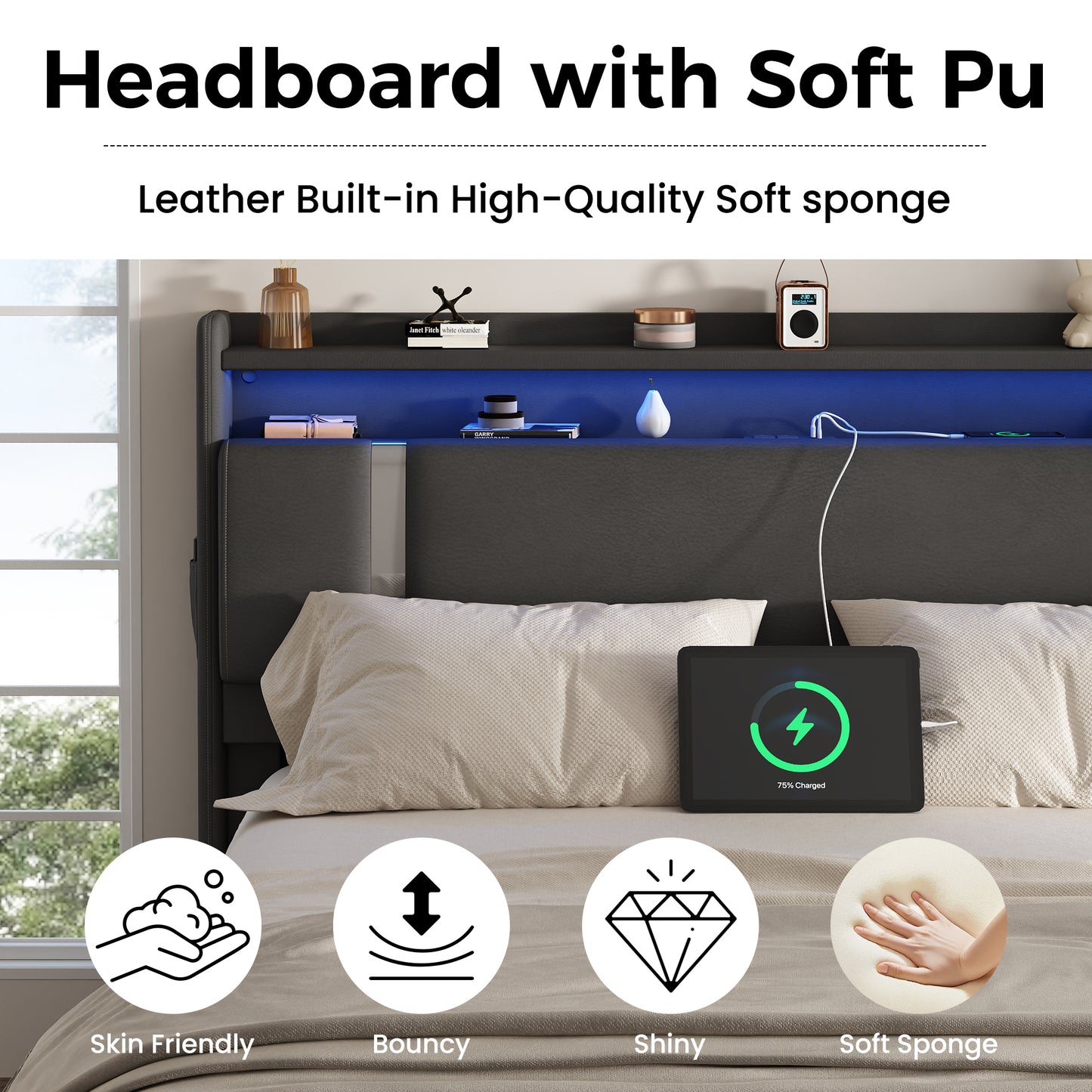 NEGYLIM Floating Bed Frame Queen Size with LED Lights, Easy to Assemble, Metal Platform Bed with Storage Headboard, No Box Spring Needed, Black