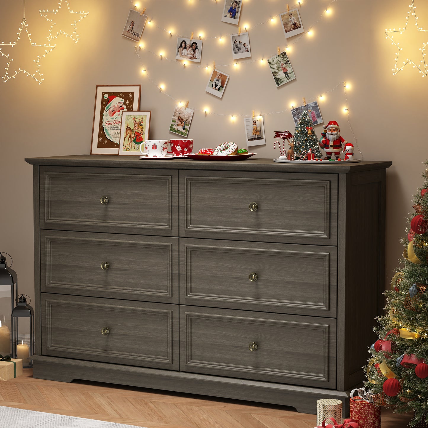 6 Drawer Chest of Drawers, Modern Storage Cabinet Dresser Organizer Unit with Antique Bronze Round Handles for Living Room, Closet, Hallway, Entryway