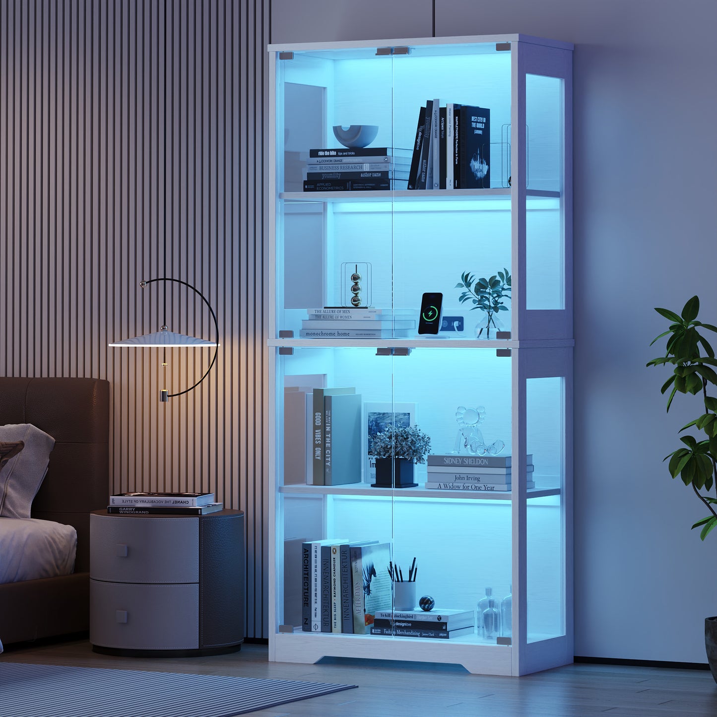 4 Tier LED Lighted Display Cabinet with Tempered Glass Doors, Dustproof Collectible Storage Shelf for Gundam Action Figures Gaming Accessories, Modern Tall Curio Showcase for Game Room Bedroom,White