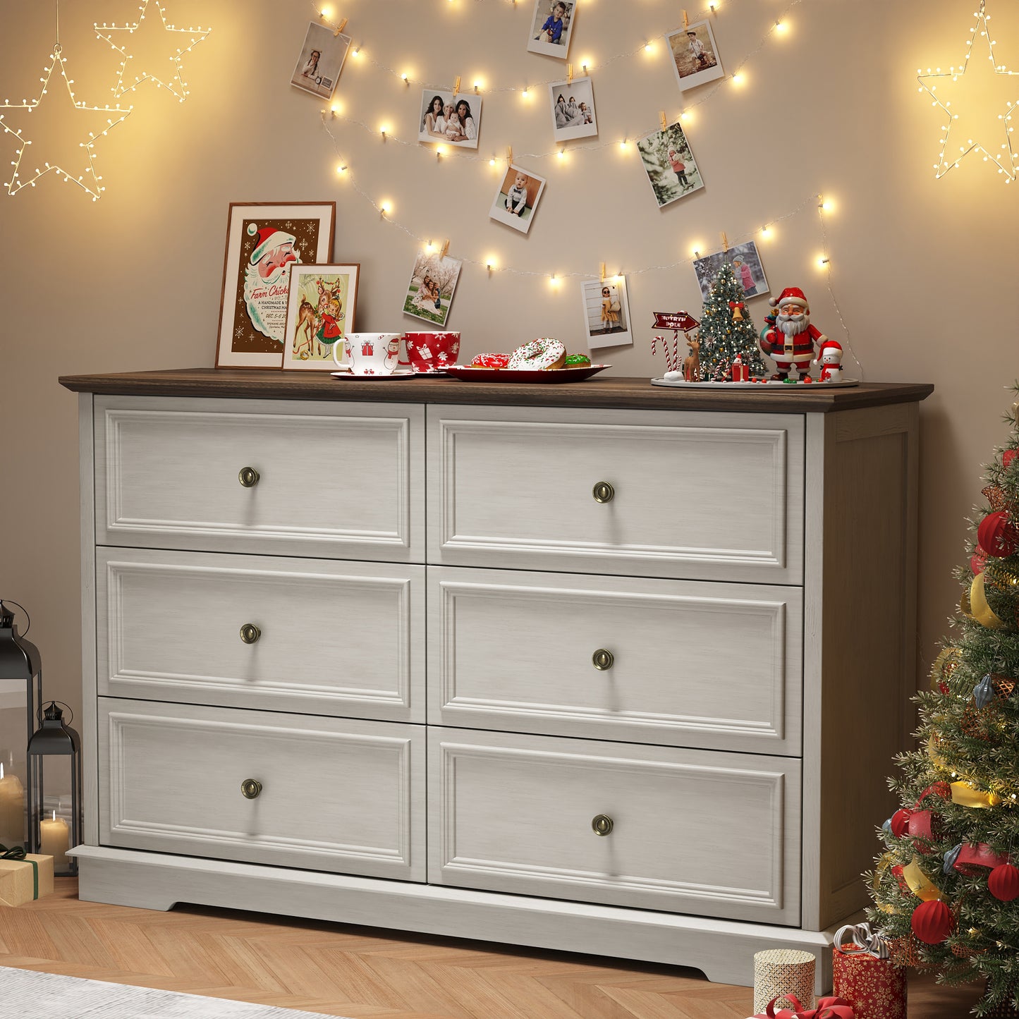 6 Drawer Dresser for Bedroom, 50.4" * 15.7" * 35.8" Retro Style Chest of Drawers, Wood Storage Double Dresser with Deep Drawers for Living Room, Hallway Entryway