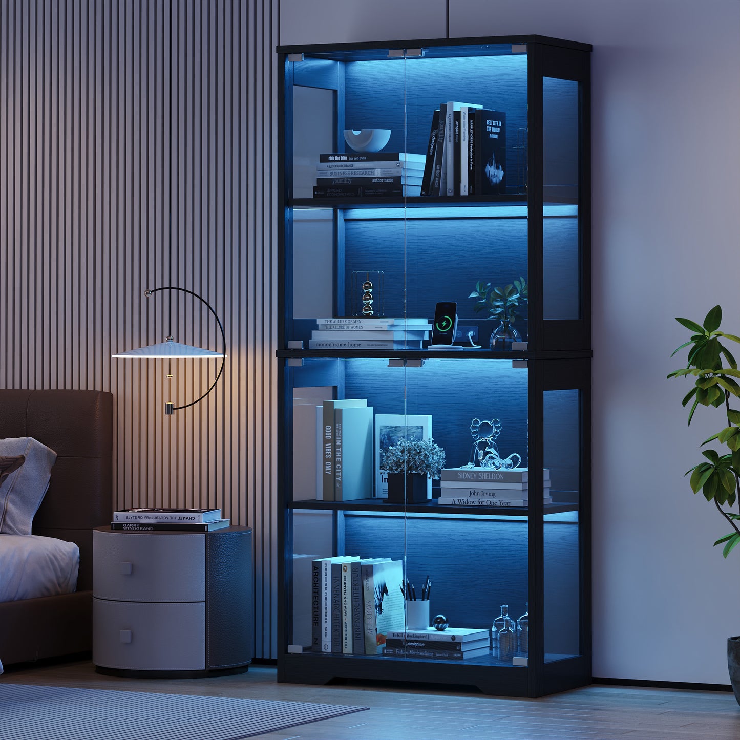 Black LED Display Cabinet with 4-Tier Tempered Glass Magnetic Doors, Tall Dustproof Curio Storage Shelf for Gundam Figures, Collectibles, Game Gear, Modern Display Rack for Gaming Room Bedroom