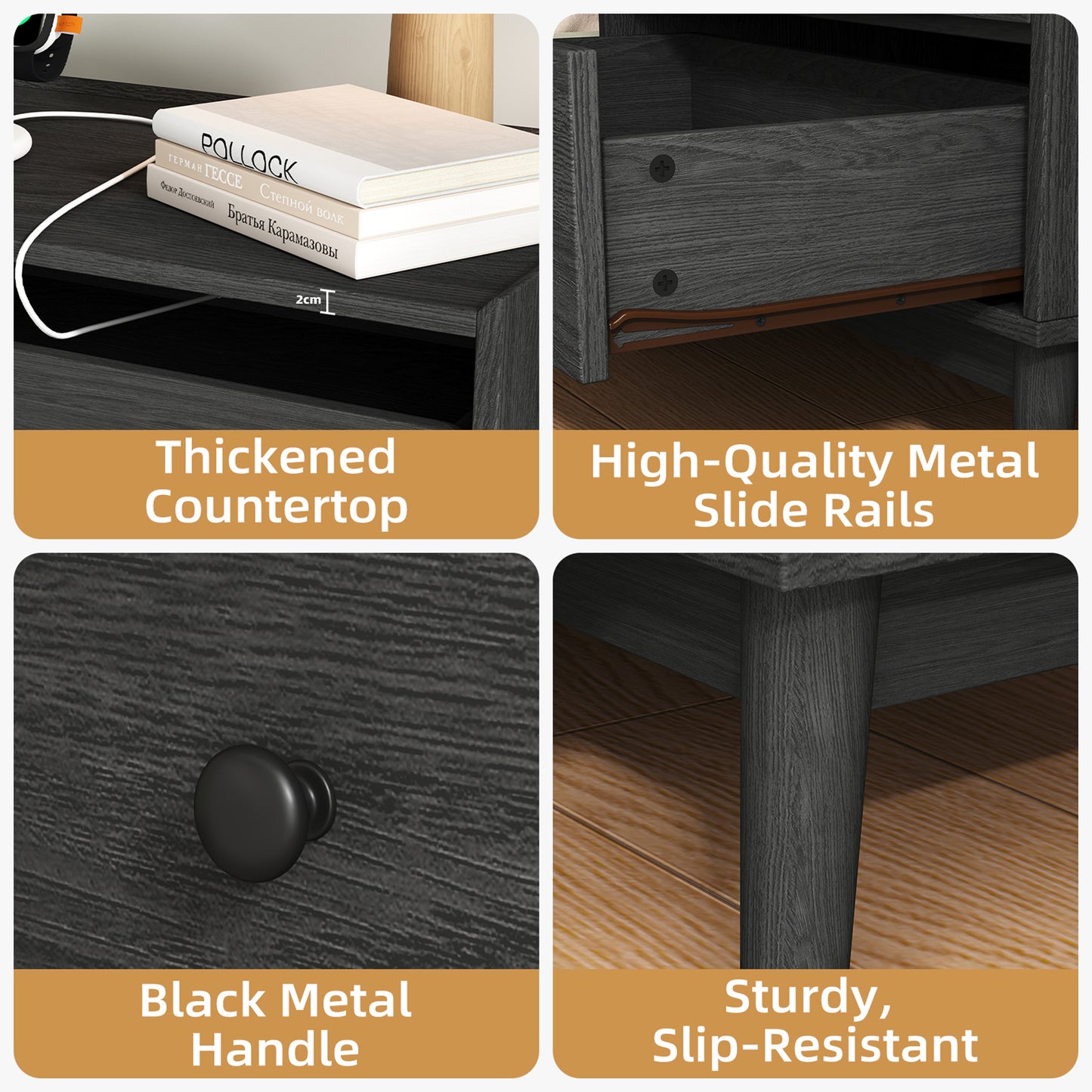 NEGYLIM 3-Drawer Nightstand with Hidden Charging Station, Wood Bedside Table 25" Height x 24" Width, Bedroom Furniture End Table, Black 1-Pcs