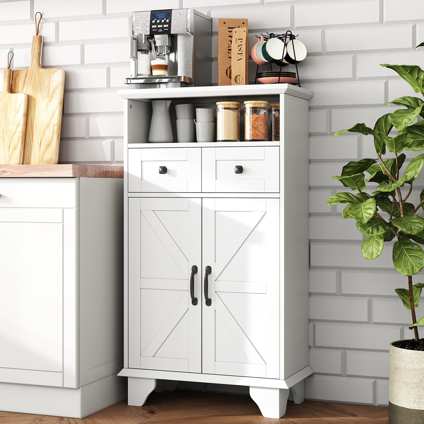 Bathroom Storage Cabinet, Farmhouse Bathroom Floor Cabinet freestanding with Doors and Drawers, 41.3"H Bathroom Organizer with Adjustable Shelf, White