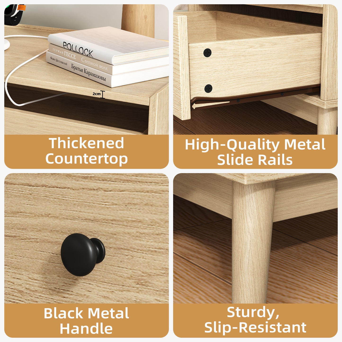 NEGYLIM 3-Drawer Nightstand with Hidden Charging Station, Wood Bedside Table 25" Height x 24" Width, Bedroom Furniture End Table, 2-Pcs
