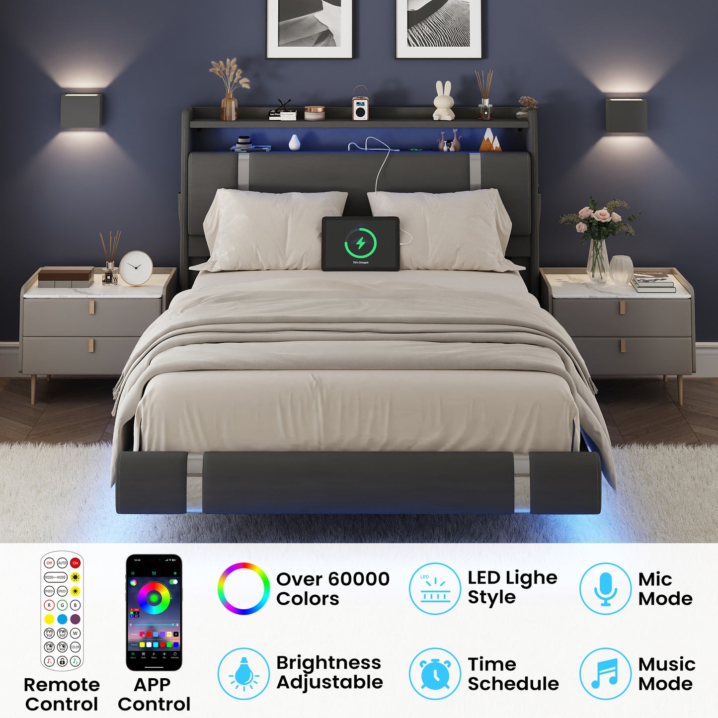 NEGYLIM Floating Bed Frame Full Size with LED Lights,Easy to Assemble, Metal Platform Bed with Storage Headboard, No Box Spring Needed, Black