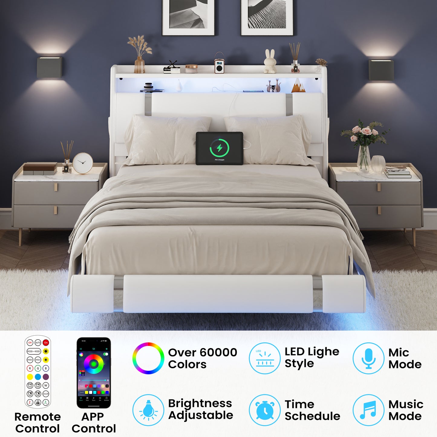 NEGYLIM Floating Bed Frame Full Size with LED Lights, Easy to Assemble, Metal Platform Bed with Storage Headboard, No Box Spring Needed, White