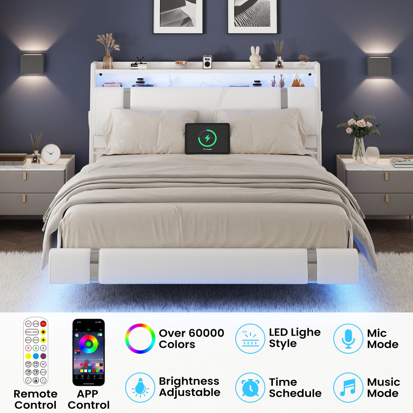 NEGYLIM Floating Bed Frame Queen Size with LED Lights, Easy to Assemble, Metal Platform Bed with Storage Headboard, No Box Spring Needed, White