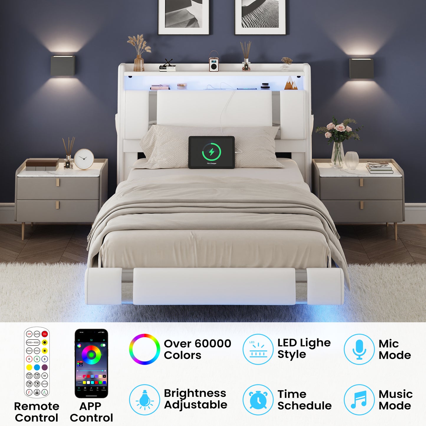 NEGYLIM Floating Bed Frame Twin Size with LED Lights, Easy to Assemble, Metal Platform Bed with Storage Headboard, No Box Spring Needed, White