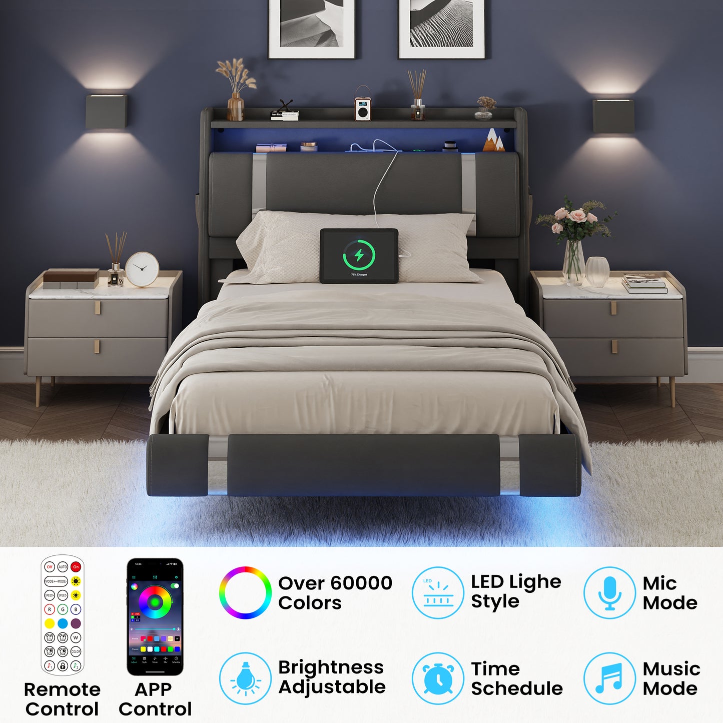NEGYLIM Floating Bed Frame Twin Size with LED Lights, Easy to Assemble, Metal Platform Bed with Storage Headboard, No Box Spring Needed, Black