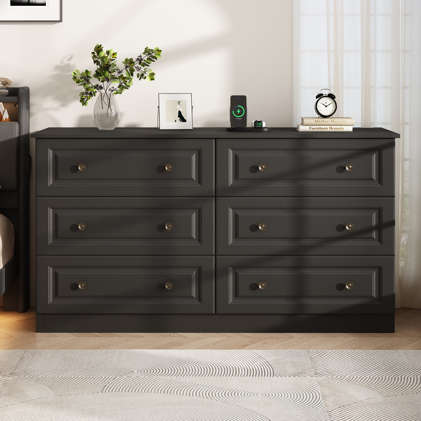NEGYLIM 6-Drawer Black Dresser, 47-inch Wide Chest for Bedroom Storage, Farmhouse Style with Anti-Tip Safety