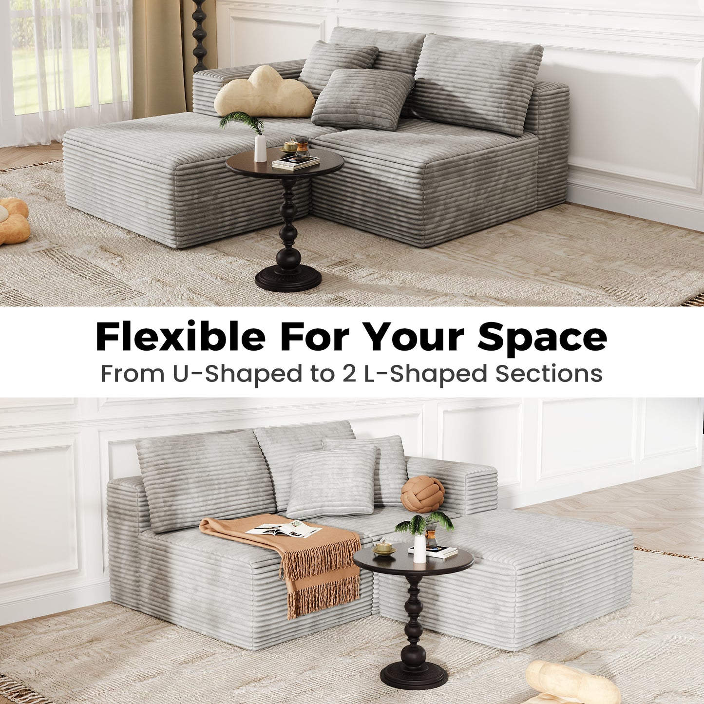 137 inch U-Shaped Sectional Sofa, Cloud-Like Big Modular Couch with Chaise, No Assembly Required, High Density Foam Never Sags, Soft Corduroy Fabric Sofa for Large Space, (White)