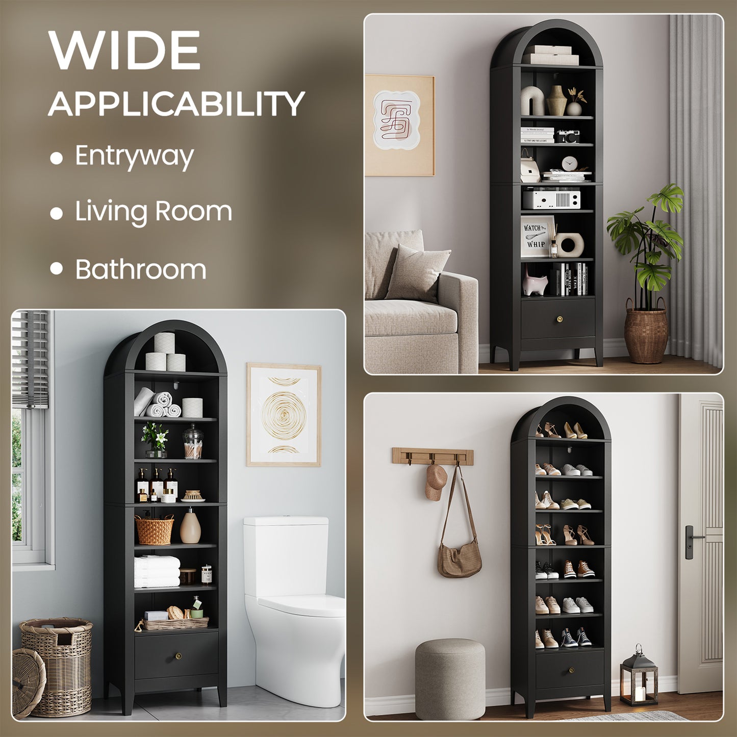 71" Tall Arched Storage Cabinet with Doors & Shelves – Multi-Purpose Pantry Cabinet for Kitchen, Bathroom, Living Room, Bedroom, Entryway & Office (Black)