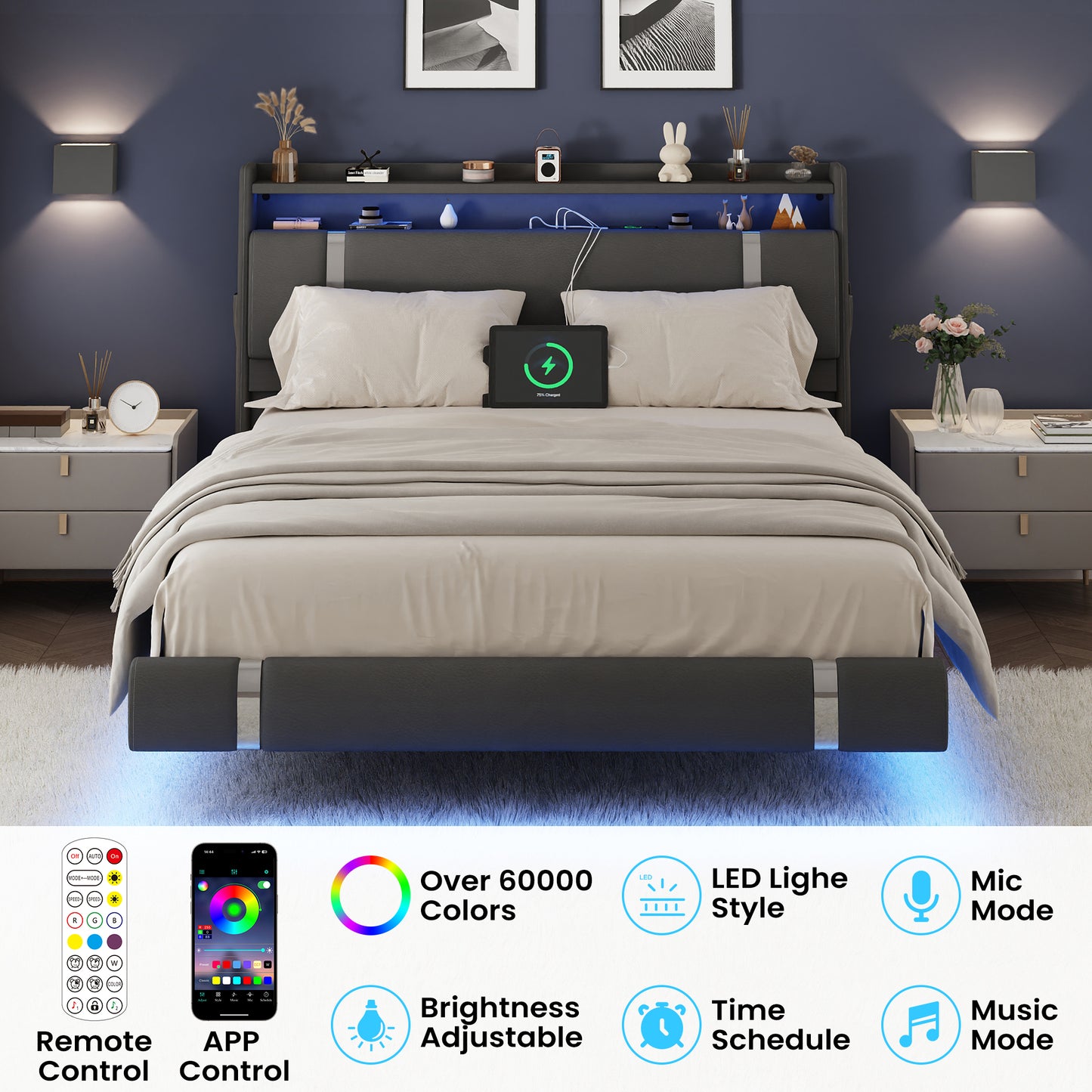 NEGYLIM Floating Bed Frame Queen Size with LED Lights, Easy to Assemble, Metal Platform Bed with Storage Headboard, No Box Spring Needed, Black