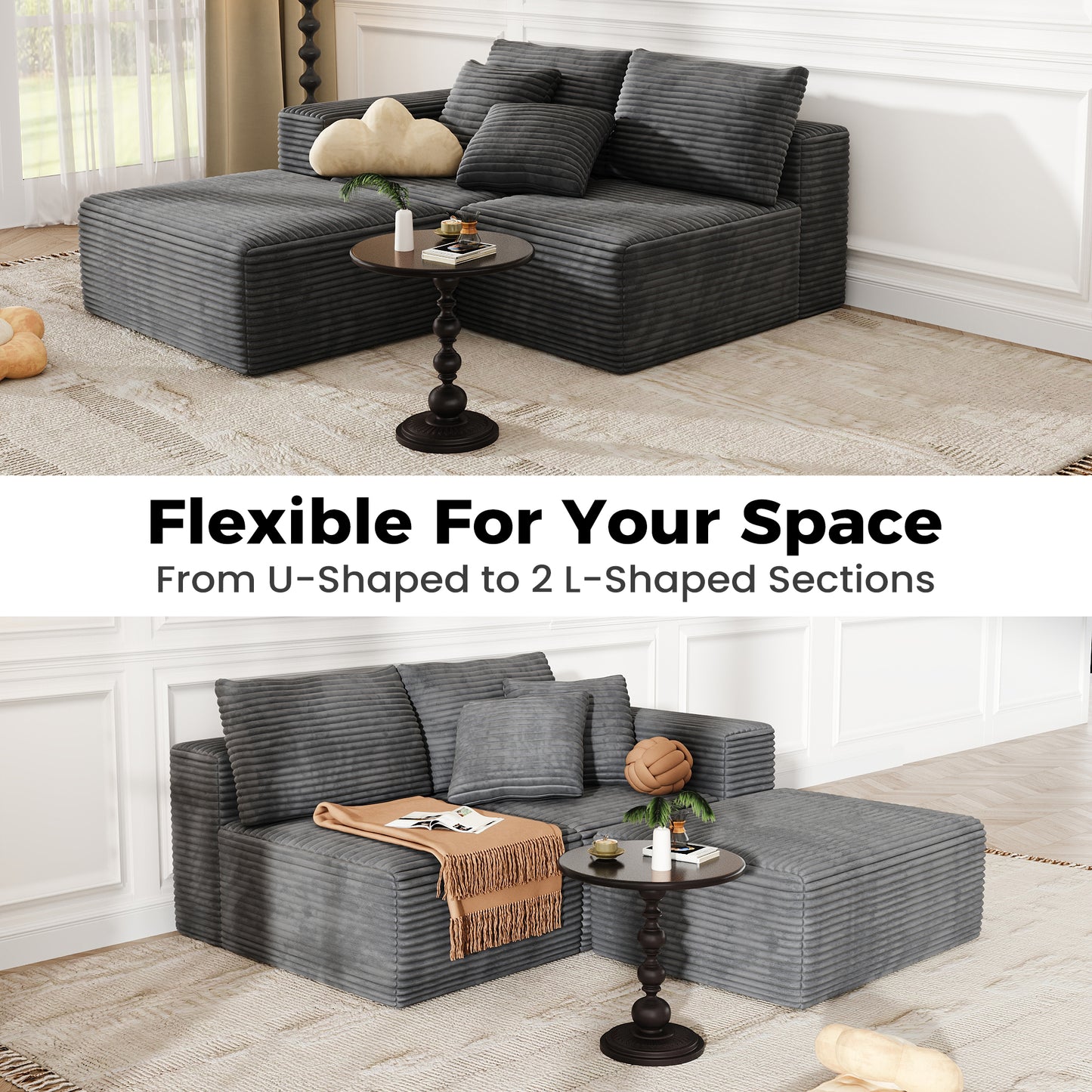 137 Inch Charcoal Cloud Sectional Sofa forf living room , No Sagging Foam U-Shaped Modular Couch, Big Couch Includes 4 Back Cushions & 4 Pillows, No Assembly Required