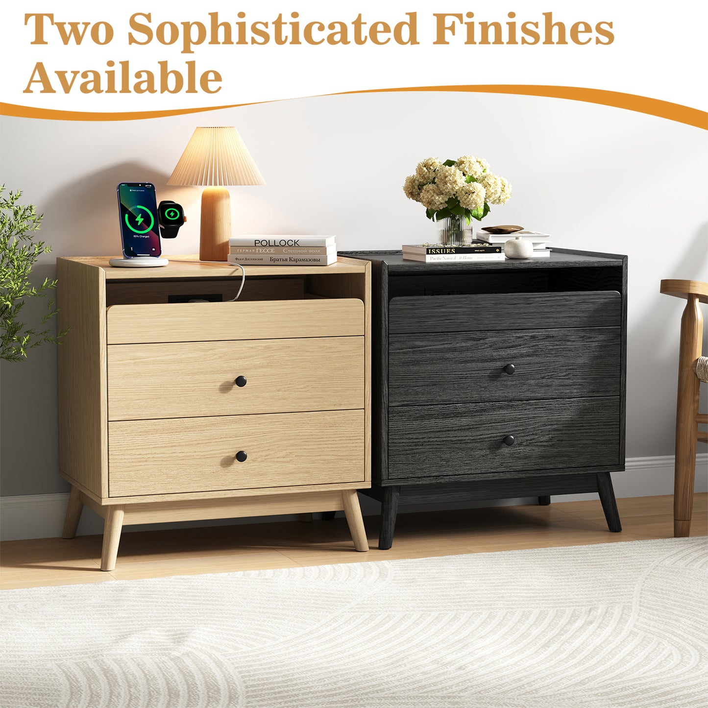 NEGYLIM 3-Drawer Nightstand with Hidden Charging Station, Wood Bedside Table 25" Height x 24" Width, Bedroom Furniture End Table, Black 1-Pcs