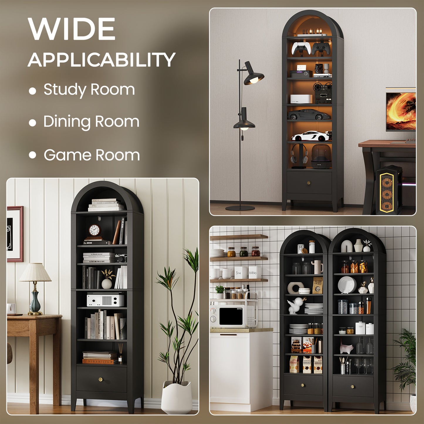 71" Tall Arched Storage Cabinet with Doors & Shelves – Multi-Purpose Pantry Cabinet for Kitchen, Bathroom, Living Room, Bedroom, Entryway & Office (Black)