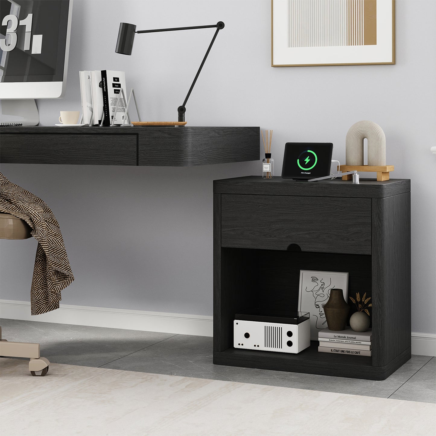 NEGYLIM 24" Wood Nightstand with USB Charging Station, Bedside Table with Safe Rounded Corners & Crescent Handles – Sturdy End Table for Bedroom, Living Room, Nursery (Black, 1-Piece)