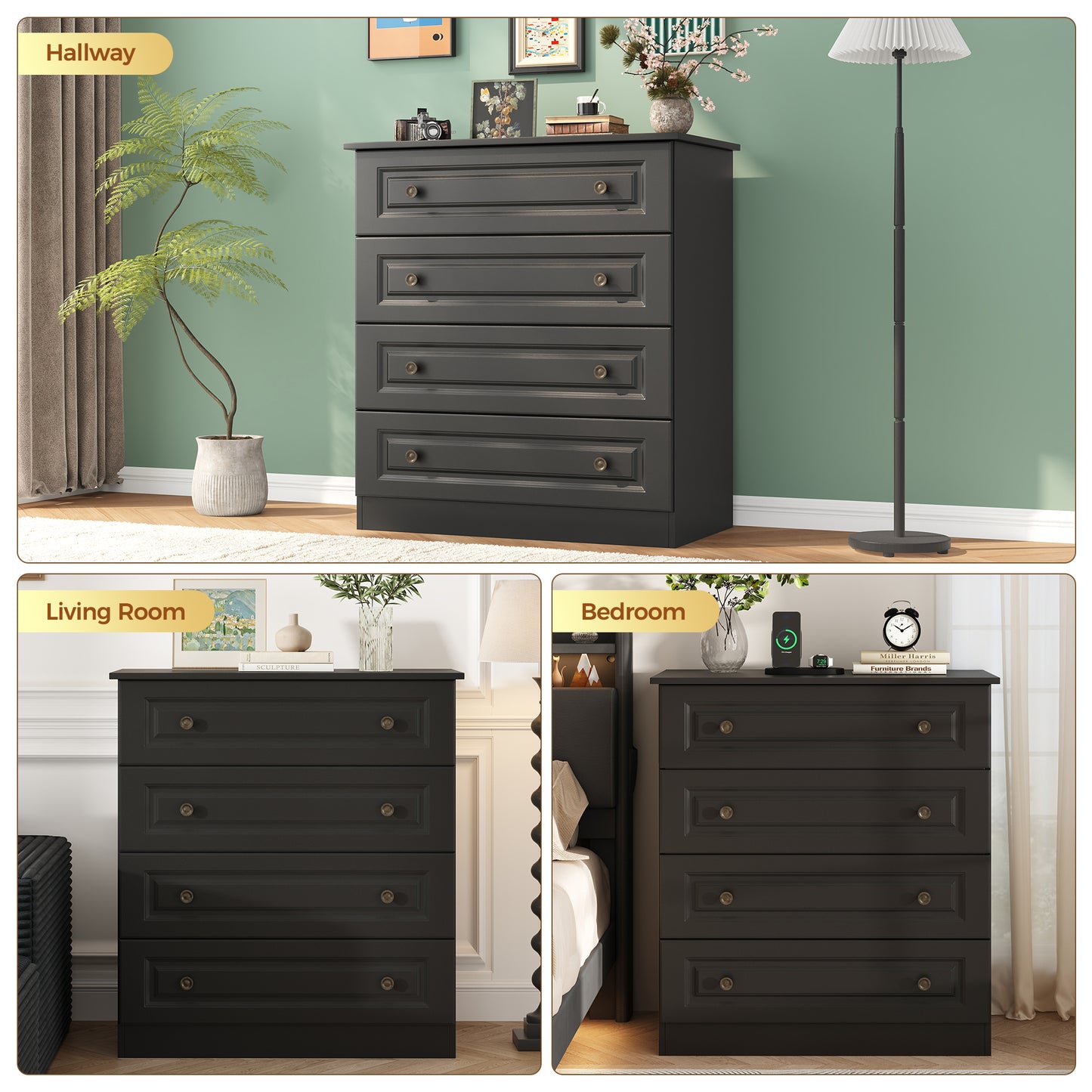 4-Drawer Dresser, 34.6โ Tall Black Dresser for Bedroom Storage, Hallway Chest with Large Drawers, 29.5โ Wide Space Saving Furniture