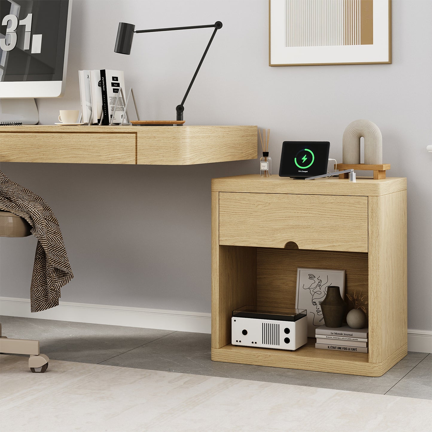 Set of 2 Wood Nightstands with USB Charging Station, 24" Bedside Tables with Safe Rounded Corners & Crescent Handles - Sturdy End Tables for Bedroom, Living Room, Nursery (Wood, 2-Piece Set)
