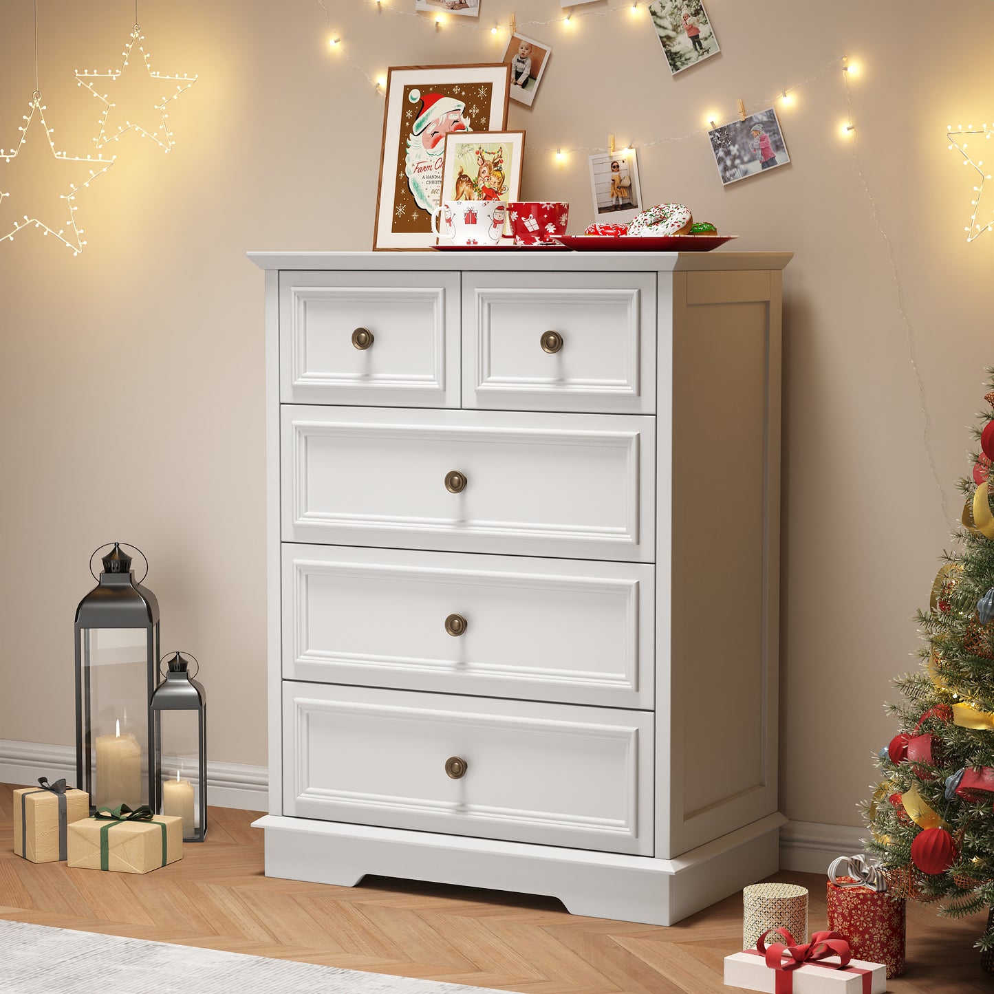5 Drawer Dresser for Bedroom, Retro Style Chest of Drawers, 26.7"×15.7"×35.8" Wood Storage Dresser with Deep Drawers for Living Room, Hallway, Entryway, White