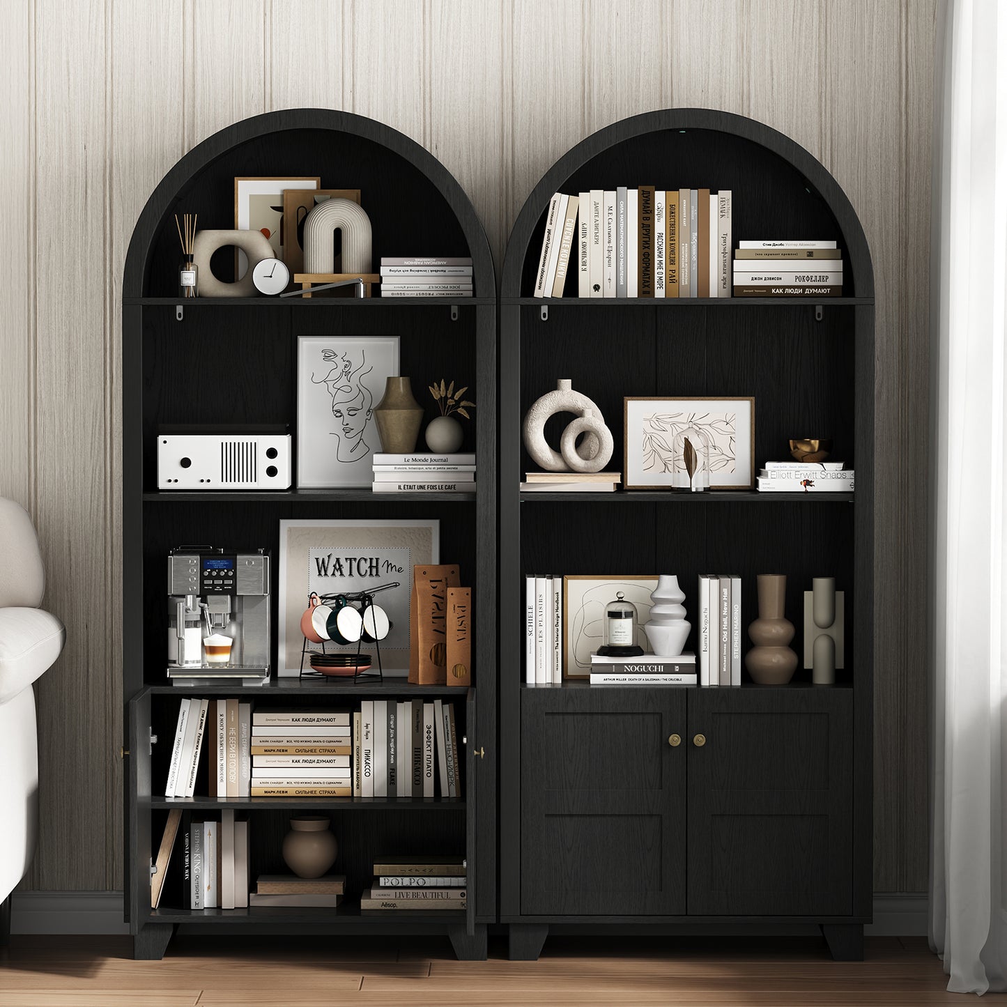 70'' Tall Arched Cabinet, Arched Kitchen Pantry Cabinet with 2 Doors and 5shelves, Open Storage Cabinets Display Bookcase, Versatile Cupboard for Living Room(Black)