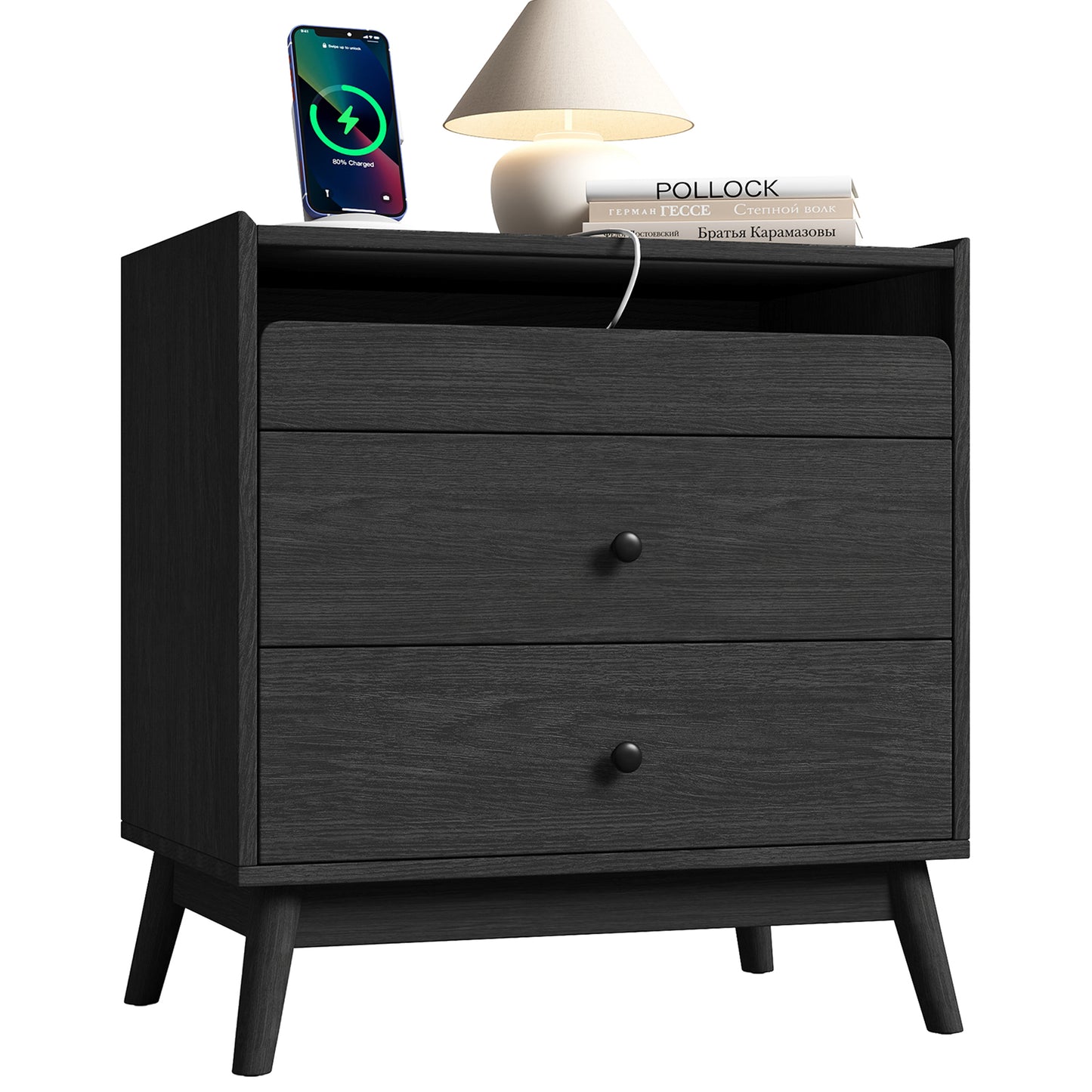 NEGYLIM 3-Drawer Nightstand with Hidden Charging Station, Wood Bedside Table 25" Height x 24" Width, Bedroom Furniture End Table, Black 1-Pcs