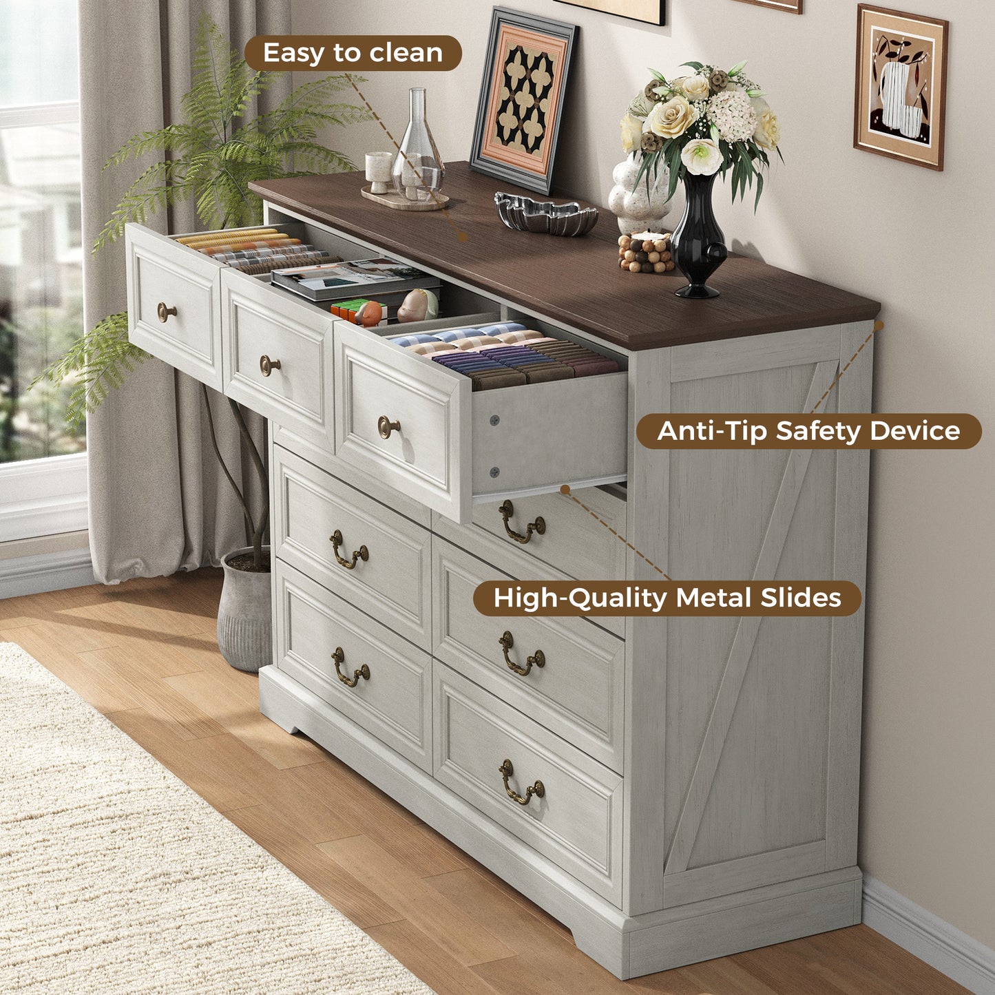 NEGYLIM 9 Drawers Dresser for Bedroom Dressers & Chest of Drawers with Vintage Handles,Long White Dresser for Living Room,Hallway,Study(Rustic White)