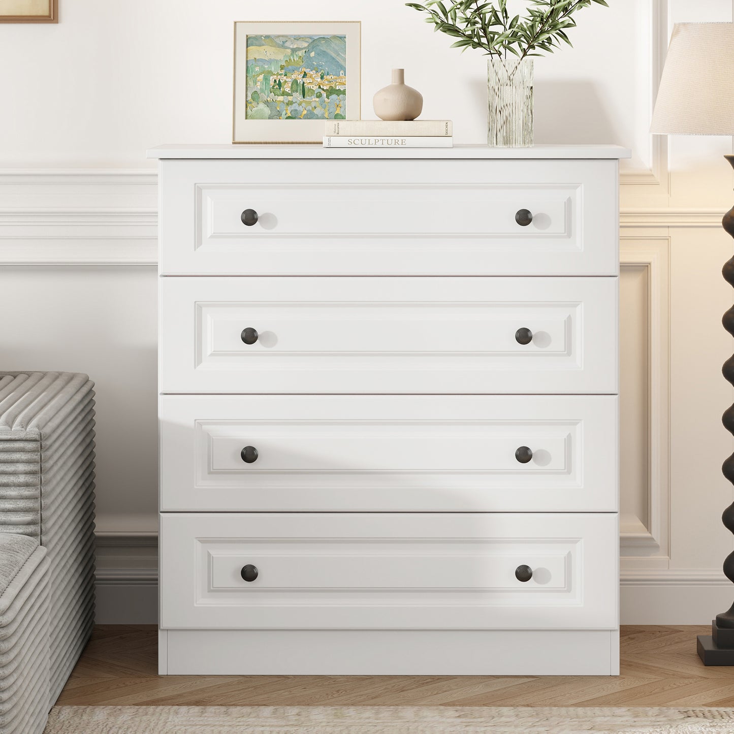 4-Drawer Dresser, 34.6โ Tall White Dresser for Bedroom Storage, Hallway Chest with Large Drawers, 29.5โ Wide Space Saving Furniture