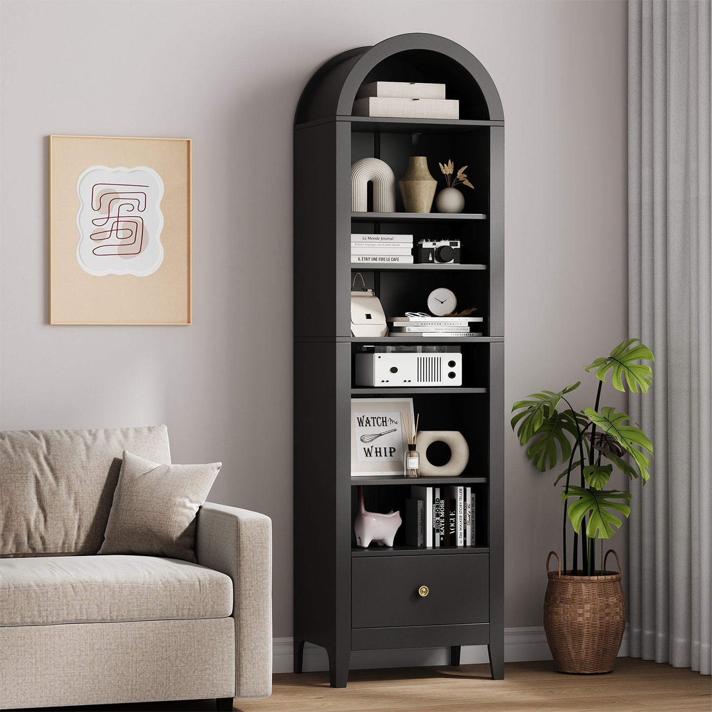 71" Tall Arched Storage Cabinet with Doors & Shelves – Multi-Purpose Pantry Cabinet for Kitchen, Bathroom, Living Room, Bedroom, Entryway & Office (Black)