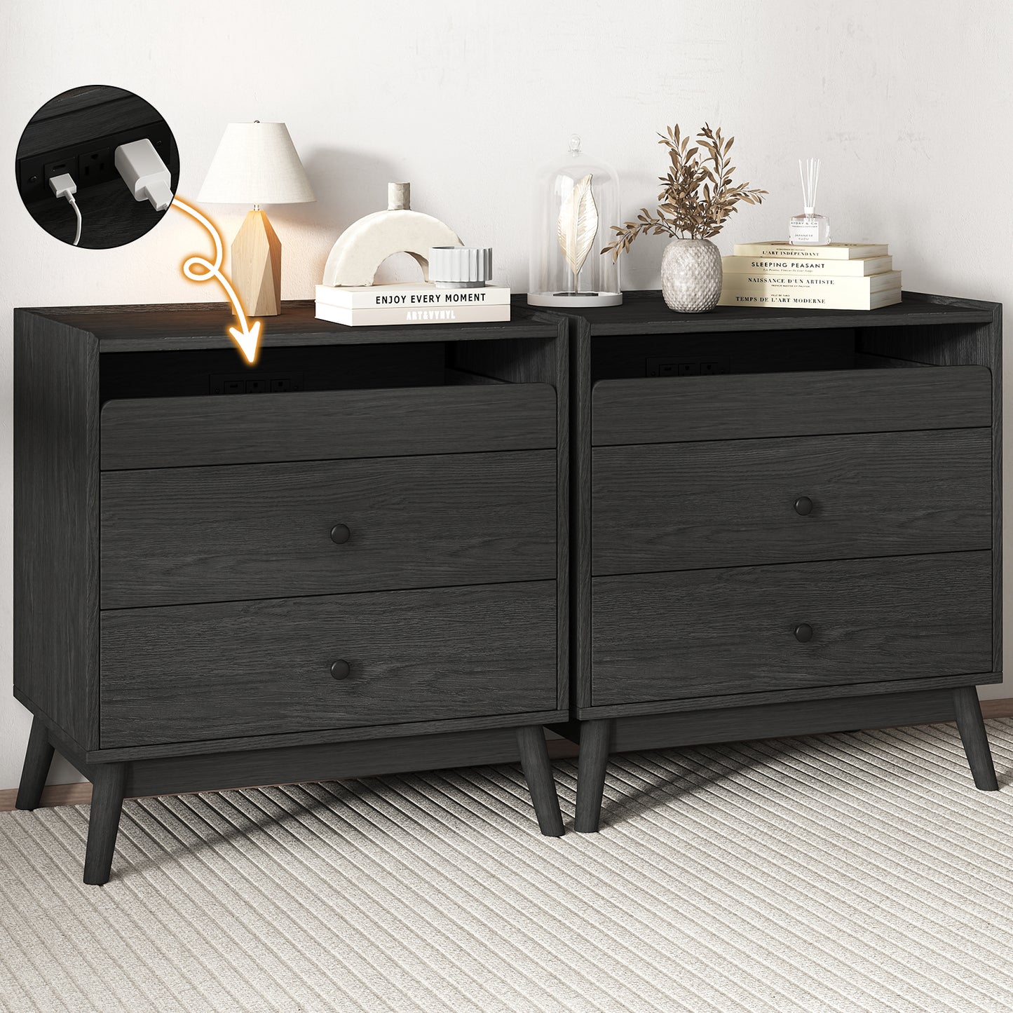 NEGYLIM 3-Drawer Nightstand with Hidden Charging Station, Wood Bedside Table 25" Height x 24" Width, Bedroom Furniture End Table, Black 2-Pcs