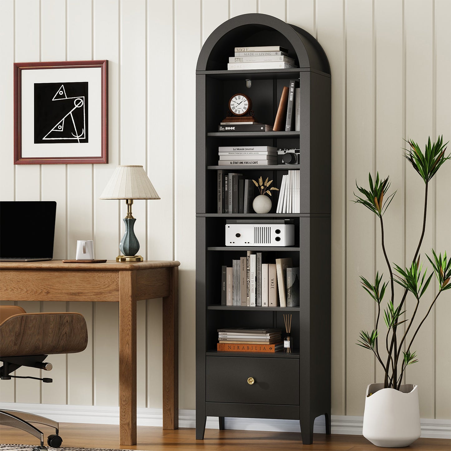 71" Tall Arched Storage Cabinet with Doors & Shelves – Multi-Purpose Pantry Cabinet for Kitchen, Bathroom, Living Room, Bedroom, Entryway & Office (Black)