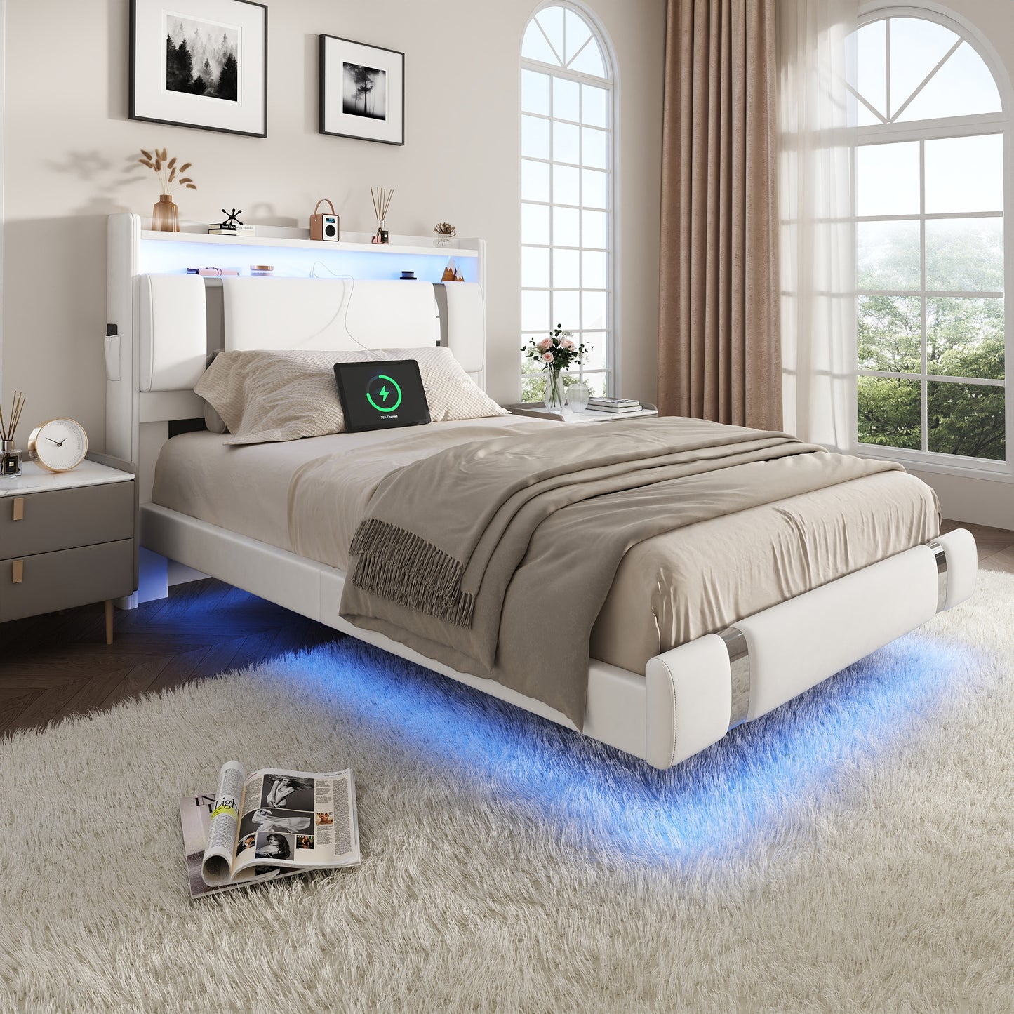 NEGYLIM Floating Bed Frame Twin Size with LED Lights, Easy to Assemble, Metal Platform Bed with Storage Headboard, No Box Spring Needed, White