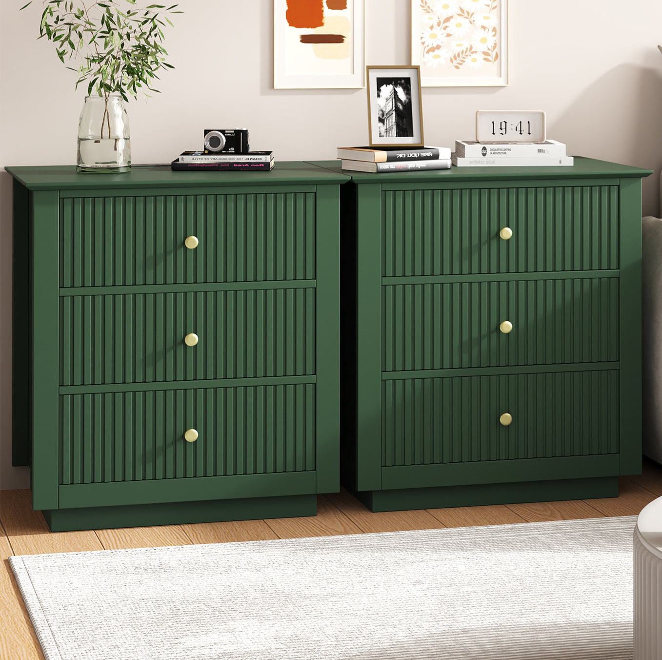 Modern Nightstand with Charging Station & 3 Drawers, 24 Inch Wide Bedside Table Set of 2 for Bedroom and Living Room, Large Storage End Table with Fluted Design, Green