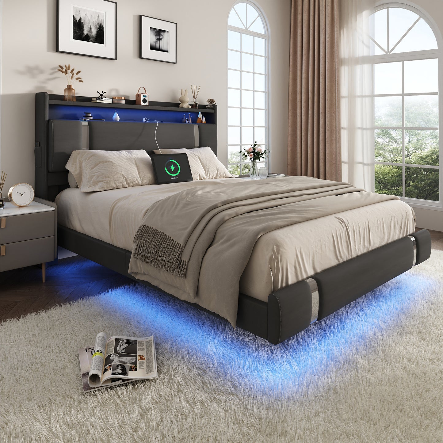NEGYLIM Floating Bed Frame Full Size with LED Lights,Easy to Assemble, Metal Platform Bed with Storage Headboard, No Box Spring Needed, Black