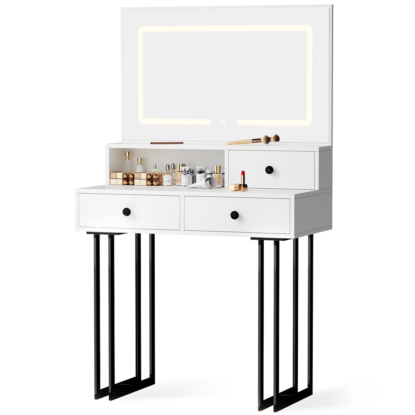 NEGYLIM Vanity with LED Lights and Mirror, White Makeup Vanity Desk with Drawers Dressing Tables Dresser Desk 3 Lighting Color Adjustable