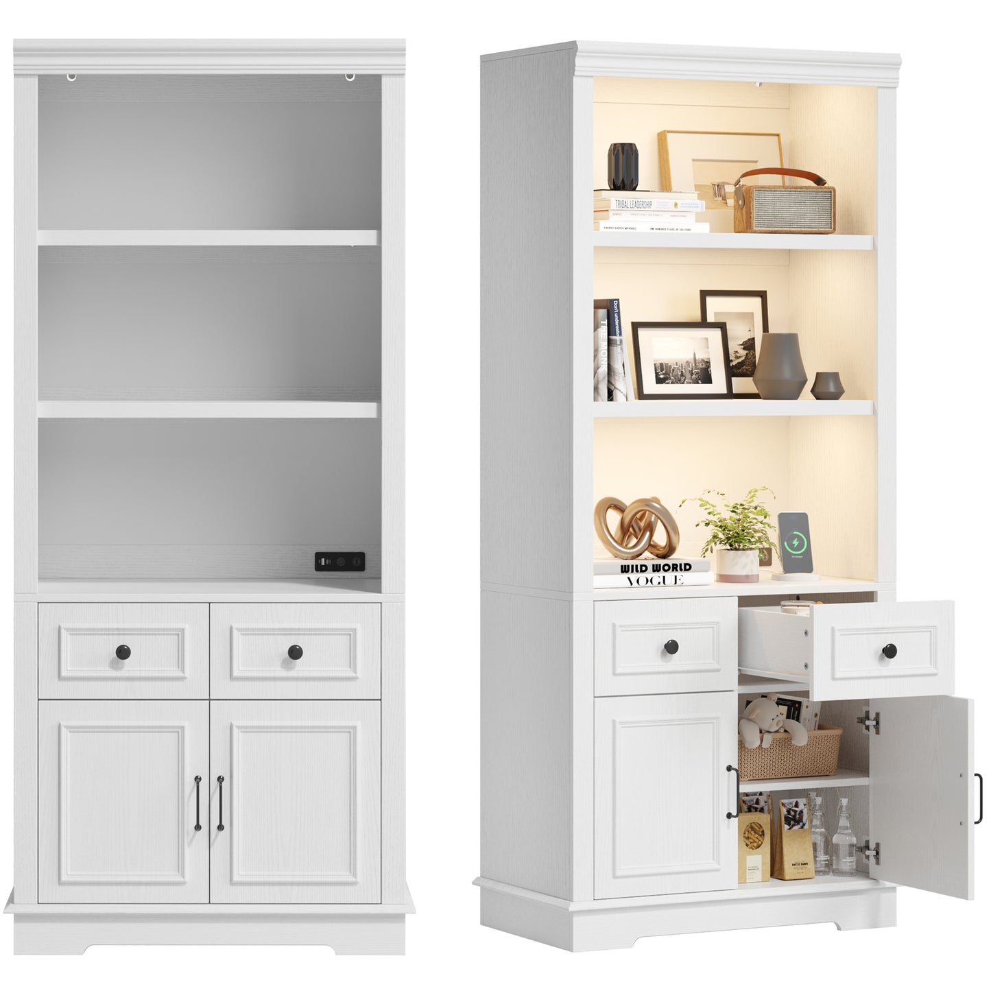 Negylim 71” Tall Lighted Coffee Bar Cabinet, Farmhouse White Pantry Storage Hutch with Built-in LED Strip Lights, 3 Open Display Shelves, 2 Pull-Out Drawers & Closed Storage Cupboard