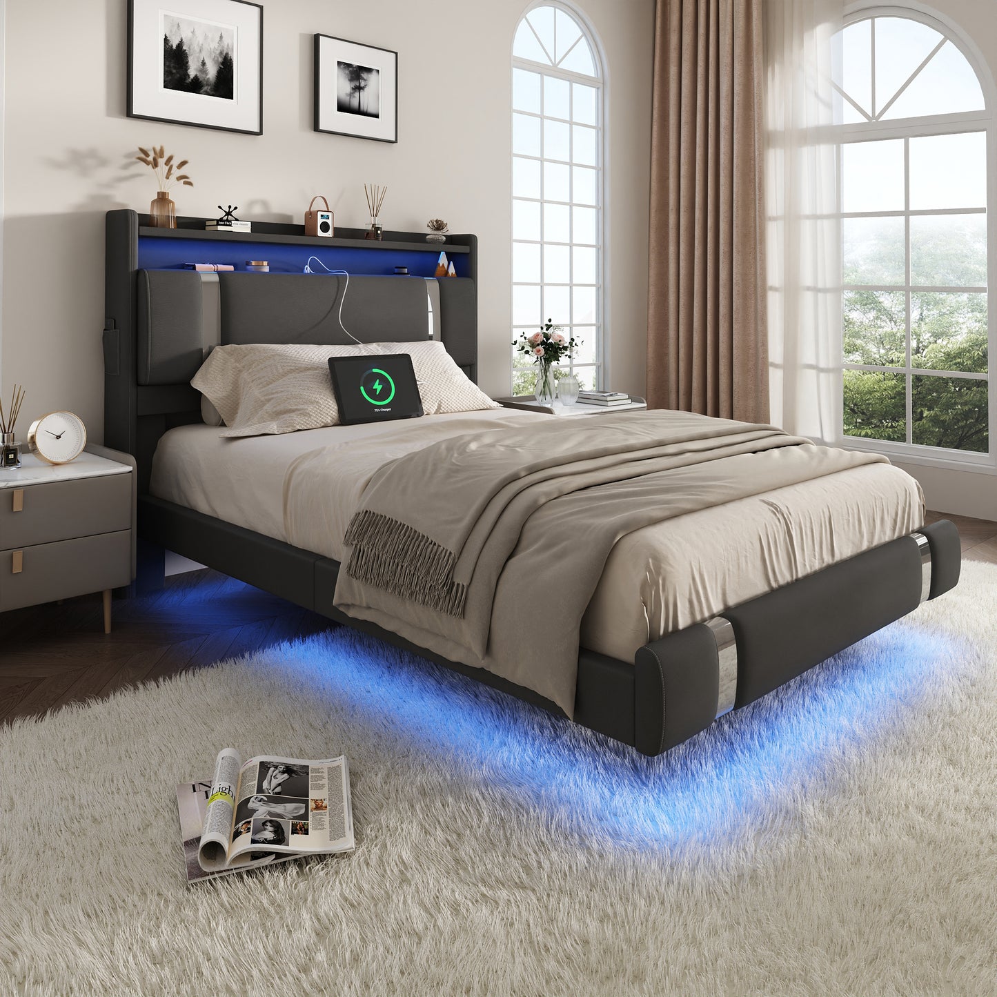 NEGYLIM Floating Bed Frame Twin Size with LED Lights, Easy to Assemble, Metal Platform Bed with Storage Headboard, No Box Spring Needed, Black