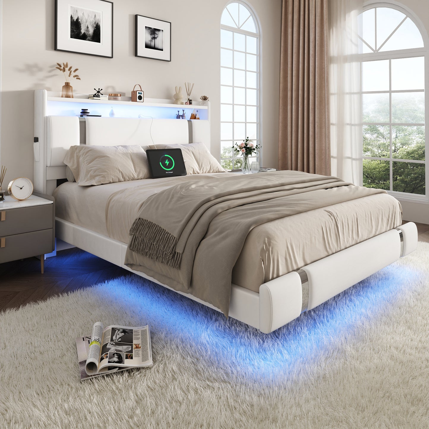 NEGYLIM Floating Bed Frame Full Size with LED Lights, Easy to Assemble, Metal Platform Bed with Storage Headboard, No Box Spring Needed, White