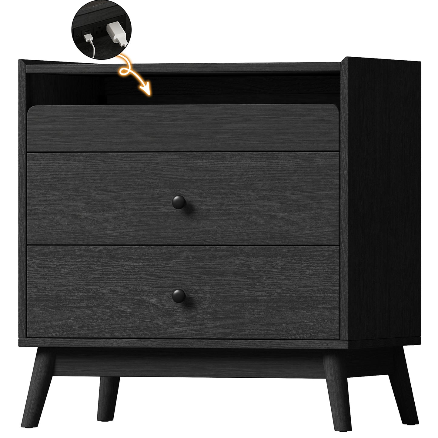 NEGYLIM 3-Drawer Nightstand with Hidden Charging Station, Wood Bedside Table 25" Height x 24" Width, Bedroom Furniture End Table, Black 1-Pcs