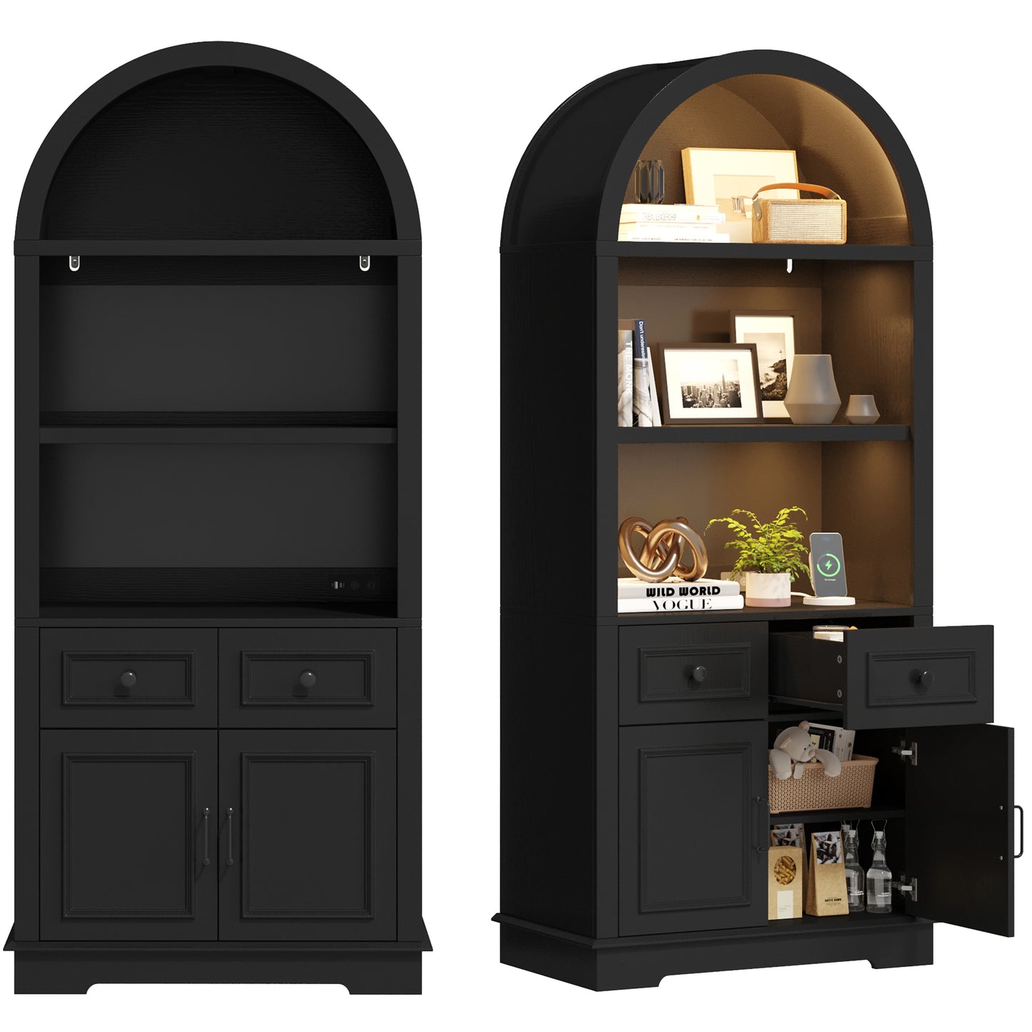 Negylim Arched Top Coffee Bar Cabinet with LED Lights, Wooden Freestanding Beverage Storage Hutch with Open Shelves, 2 Drawers & Closed Cupboard for Kitchen Living Room Home Coffee Station, Black
