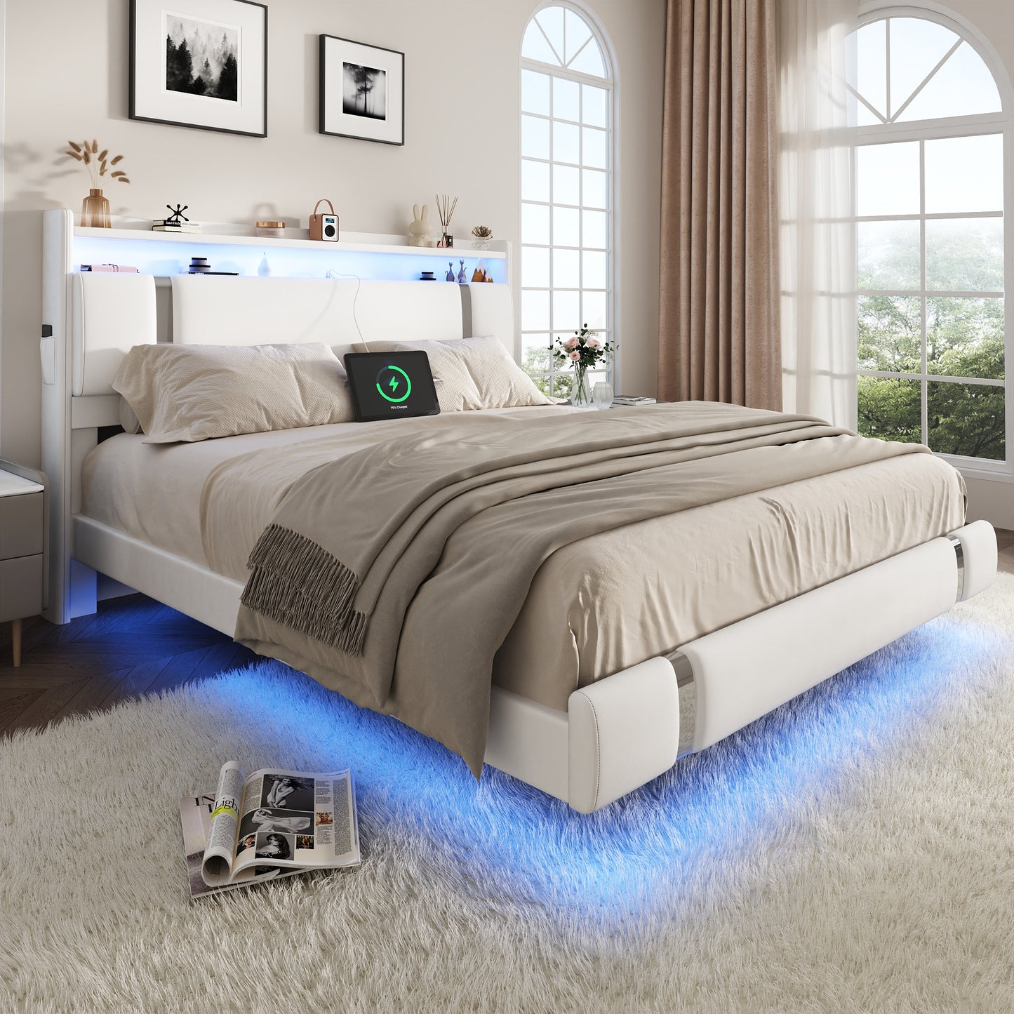 NEGYLIM Floating Bed Frame Queen Size with LED Lights, Easy to Assemble, Metal Platform Bed with Storage Headboard, No Box Spring Needed, White